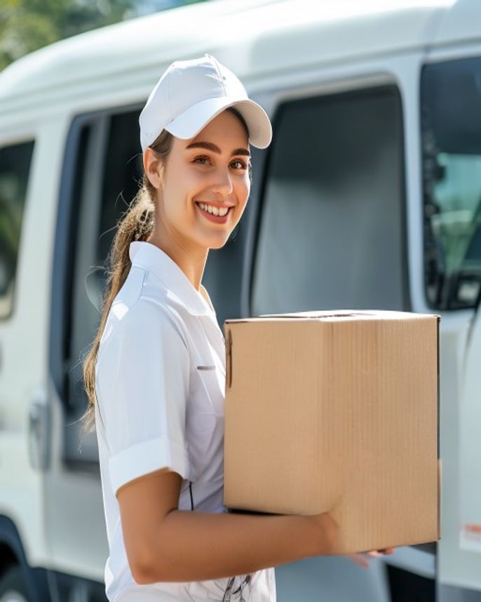 Smiling female courier in white uniform holding a cardboard box at a delivery van