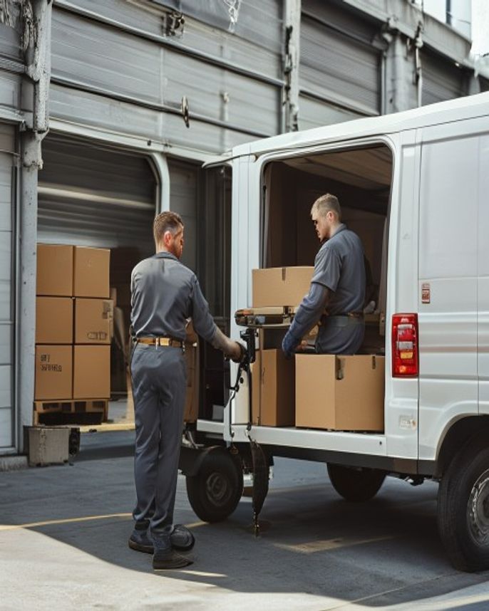 Two couriers in gray uniforms loading cartons into a white delivery van outside a warehouse