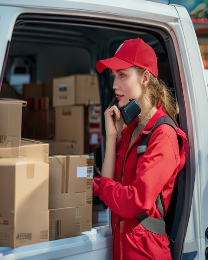 Female courier in red uniform coordinating the next route by phone at the back of a loaded van
